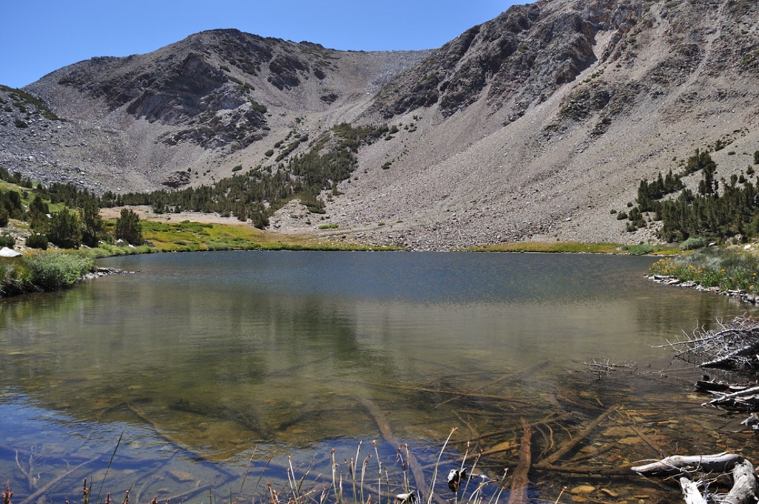 A mountain lake, sharp from the underwater foreground to the far ridge