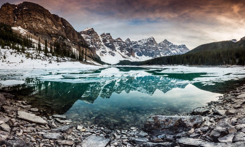 A bright mountain lake in full daylight