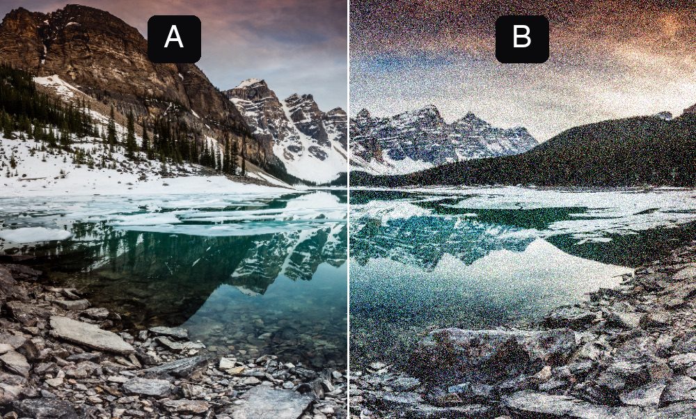 A mountain lake split into two halves — one clean, one visibly grainy
